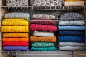 Colorful Knitwear Neatly Stacked in Closet Organizers