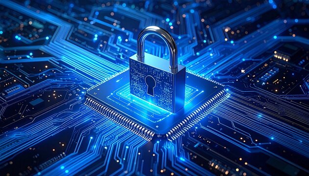 A glowing padlock sits atop a digital circuit board—surrounded by illuminated nodes and blue light, the scene evokes cybersecurity, encrypted trust, and the quiet architecture of digital protection.
