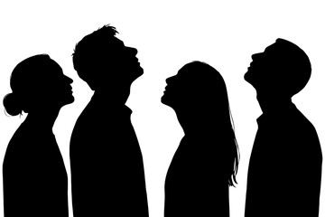 Four people are standing in a line, with their heads turned to the right. Scene is one of camaraderie and shared experience. Vector silhouette. 