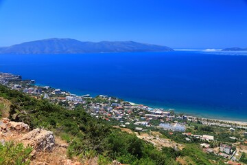 Obraz premium Vlore city aerial view with Adriatic Sea. Summer in Vlore, Albania.