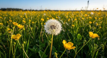 Obraz premium Dandelion Seed Head in a Field of Yellow Buttercups at Sunset.