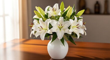 Elegant White Lilies in a Vase on Wooden Table.