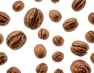 a handful of walnuts in the air, transparent background