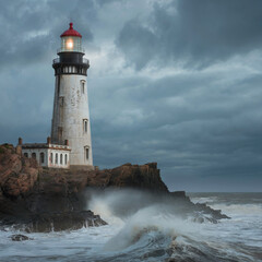 Obraz premium White lighthouse on rocky coastal shore