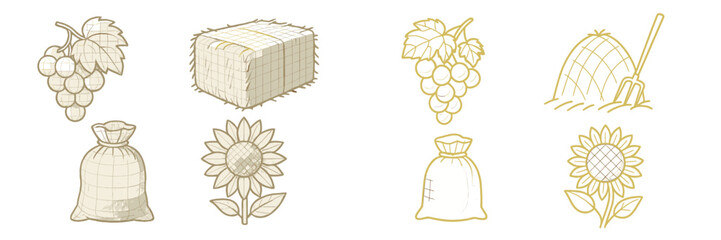 Vintage illustrations of grapes, sunflowers, hay bales, and bags showcasing farm life and harvest activities