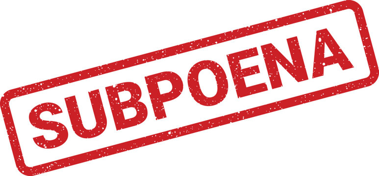 Distressed red rubber stamp illustration reading SUBPOENA on white, angled perspective view