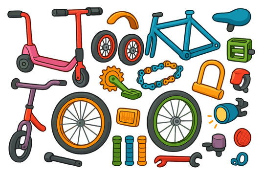 Vector cartoon set of bicycle and scooter spare parts. Colorful kids bike, kick scooter components and accessories for repair service. Isolated cycle icons collection illustration.