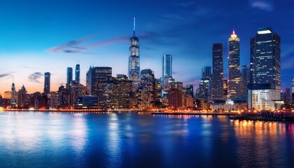 a vibrant city skyline at dusk showcasing modern skyscrapers illuminated against a deep blue sky a stunning blend of architecture reflecting urban life and modernity