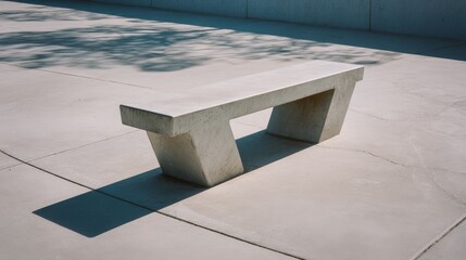 Modern concrete bench with geometric design casting a long shadow on pavement