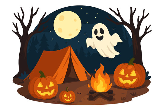 Spooky Halloween night camping scene with glowing jack-o-lantern pumpkins, friendly ghost floating in dark forest, campfire under full moon, vector cartoon illustration