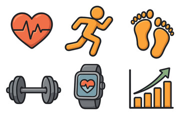 Fitness icon set for health and workout. Vector cartoon illustration of heartbeat, running man, steps, dumbbell weight, smartwatch tracker and progress chart for goals.