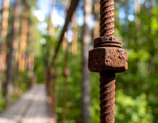 Rusty metal bridge support in a forest