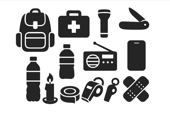 Emergency kit essentials icon set. Survival gear for disaster preparedness. Black silhouette vector illustration of a bug out bag, first aid, water, and other items. - Powered by Adobe
