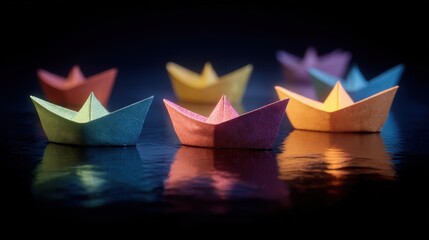 Colorful Origami Boats on Dark Water Reflection
