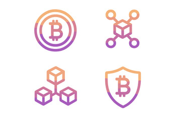 Gradient cryptocurrency and blockchain technology icon set. Modern minimalist vector illustrations of Bitcoin, network, decentralized blocks, and security shield for finance.