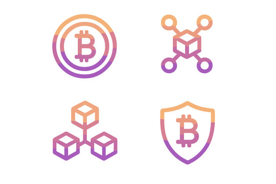 Gradient cryptocurrency and blockchain technology icon set. Modern minimalist vector illustrations of Bitcoin, network, decentralized blocks, and security shield for finance.