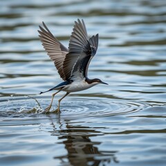 A river skimmer bird flying low over the river surface, wings wide open, water reflections, natural wildlife photography style, ultra realistic, stock photo style