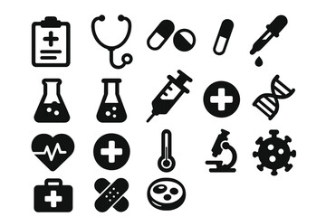 Medical and laboratory icon set. Black silhouette vector symbols for healthcare and science. Minimalist pictograms for hospital, clinic, research. Includes DNA, virus, EKG.