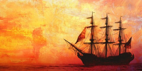 Silhouette of a Ship on the Sea at Sunset