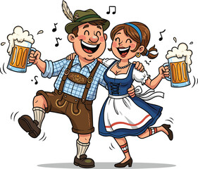 Happy couple dancing in Bavarian Oktoberfest costume, holding beer mugs, traditional German festival celebration, cultural music, folk dance, joyful illustration