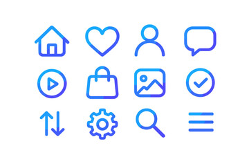 Obraz premium Minimalist Gradient UI Icons Set for Modern Design Projects, Vector Line Art with Transparent Background, Home, Heart, User, Chat, Play, Shopping Bag, Image, Checkmark, Arrows, Settings, Search, Menu