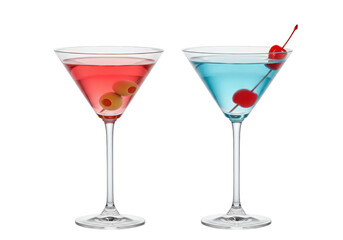Isolated pair of colorful cocktails, martini glasses, red and blue drinks, cherry and olive
