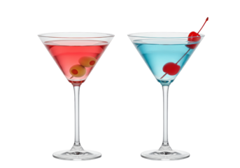 Isolated pair of colorful cocktails, martini glasses, red and blue drinks, cherry and olive