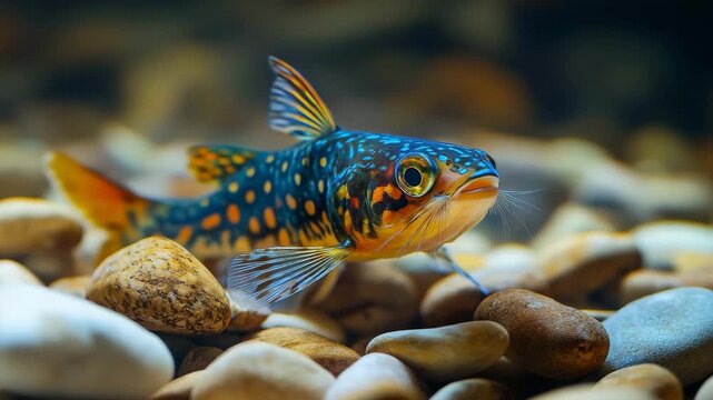 Colorful tropical fish swimming near rocks
