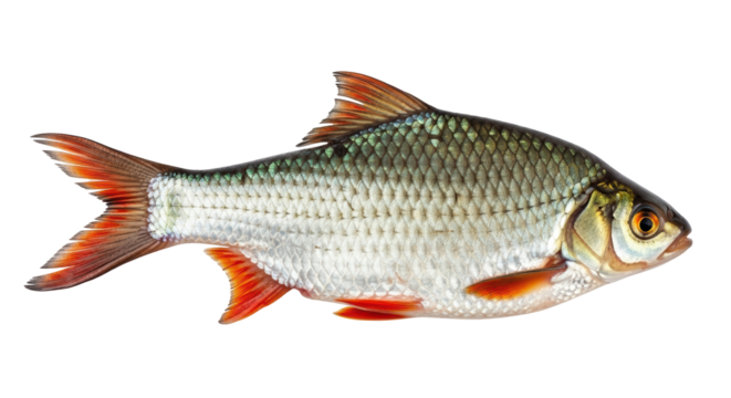 Isolated Freshwater Rudd Fish Showing Vibrant Fins and Scales Swimming in the Waterbody
