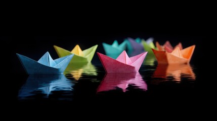 Colorful Origami Paper Boats Floating on Dark Water