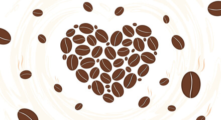 Obraz premium A delightful heart shape formed by numerous coffee beans surrounded by swirling steam and individual beans.