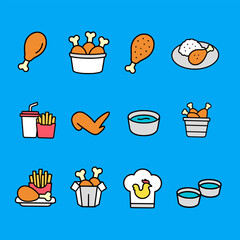 Fried chicken icons vector illustration set. Fast food elements design for restaurant menu or delivery service. Vector graphic.