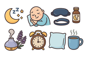 Sleep essentials icons for nighttime routine and relaxation, cartoon vector illustration set with moon, sleeping person, eye mask, pills, diffuser, alarm clock, pillow, and hot drink
