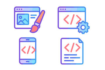 Modern gradient vector icons for web design and development concepts, including web page design, coding, mobile app development, and programming file illustration, vector set