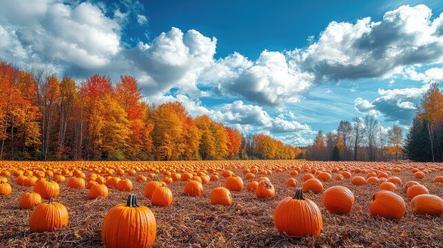 Vibrant fall pumpkin patch under a partly cloudy sky autumn colors on trees picturesque scene beautiful fall day