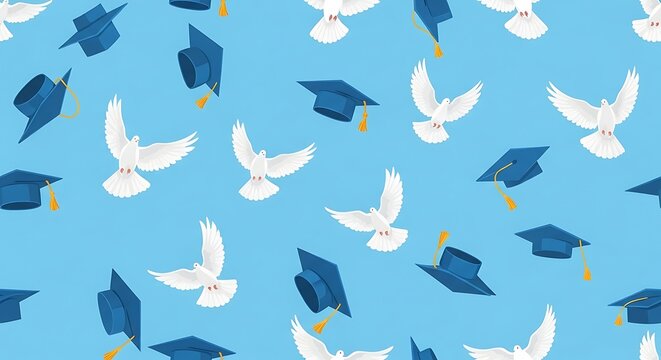 Graduation Caps and Doves Pattern Design.