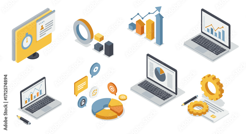 Poster isometric business and data analysis elements with laptops and charts