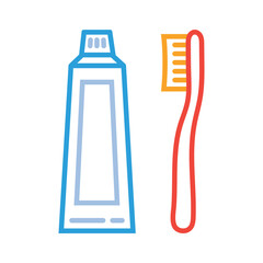 Blue outlined toothpaste tube and red toothbrush are displayed on a white background