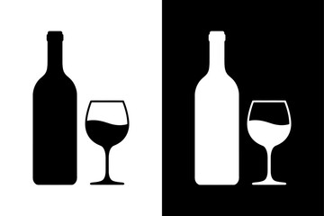 black and white wine bottle with wine glass icon Silhouette vector style