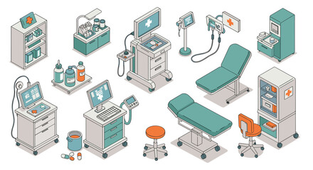 Isometric medical equipment set with hospital furniture and devices for healthcare design