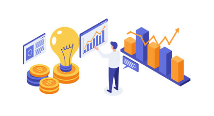 Business growth analysis with 3d isometric charts and innovation concept