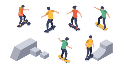 Isometric skateboarding action set with tricks and ramps