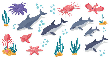 Obraz premium Playful ocean scene with dolphins, starfish, and colorful marine life in isometric style