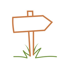 Brown wooden signpost points right, situated among green grass on a white background