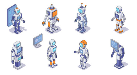 Fototapeta premium Futuristic isometric robots with ai features and technology elements