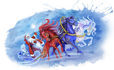 Santa Claus and Snow Maiden on a abstract watercolor splash background. Winter magic concept.
