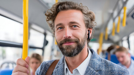 Happy young man standing on city bus while commuting to work using wireless earbuds and smiling at camera
