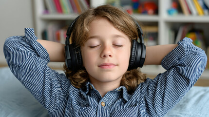 Child with headphones relaxing with eyes closed while listening to music