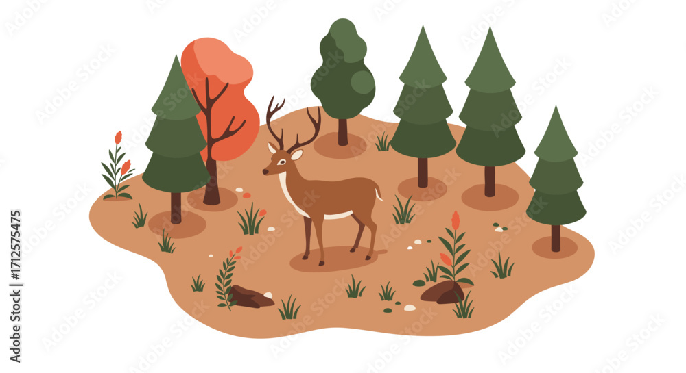 Poster isometric deer in autumn forest with pine and maple trees