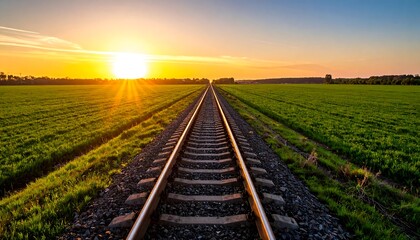 Railroad tracks stretching into a vibrant sunset over a field